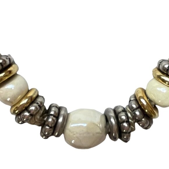 Pearl Color Glass Bead Necklace with Gold Cord and Metal Embellishments - Picture 3 of 5